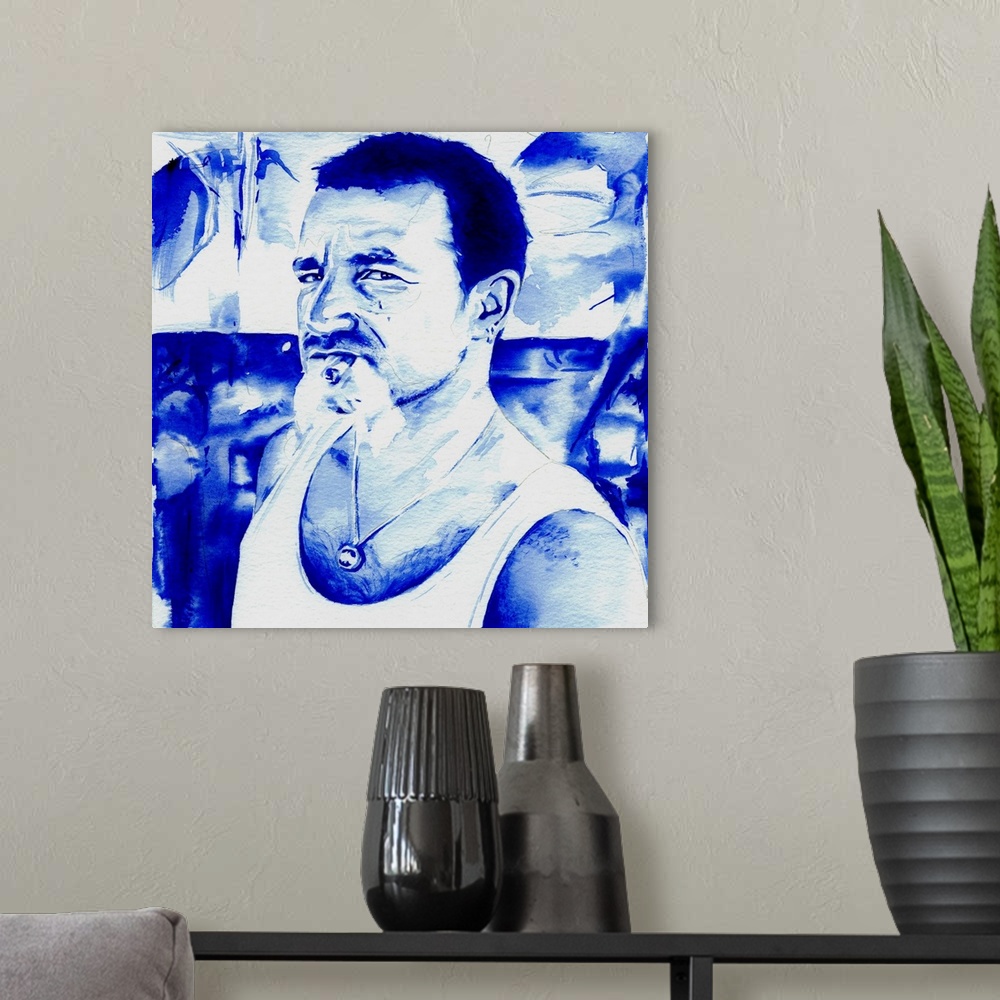 A modern room featuring Pop era Bono smokes and snarls at you in this all-blue portrait.