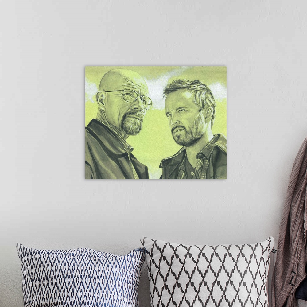 A bohemian room featuring Walter and Jesse from Breaking Bad.  The original version of this painting is black watercolor an...