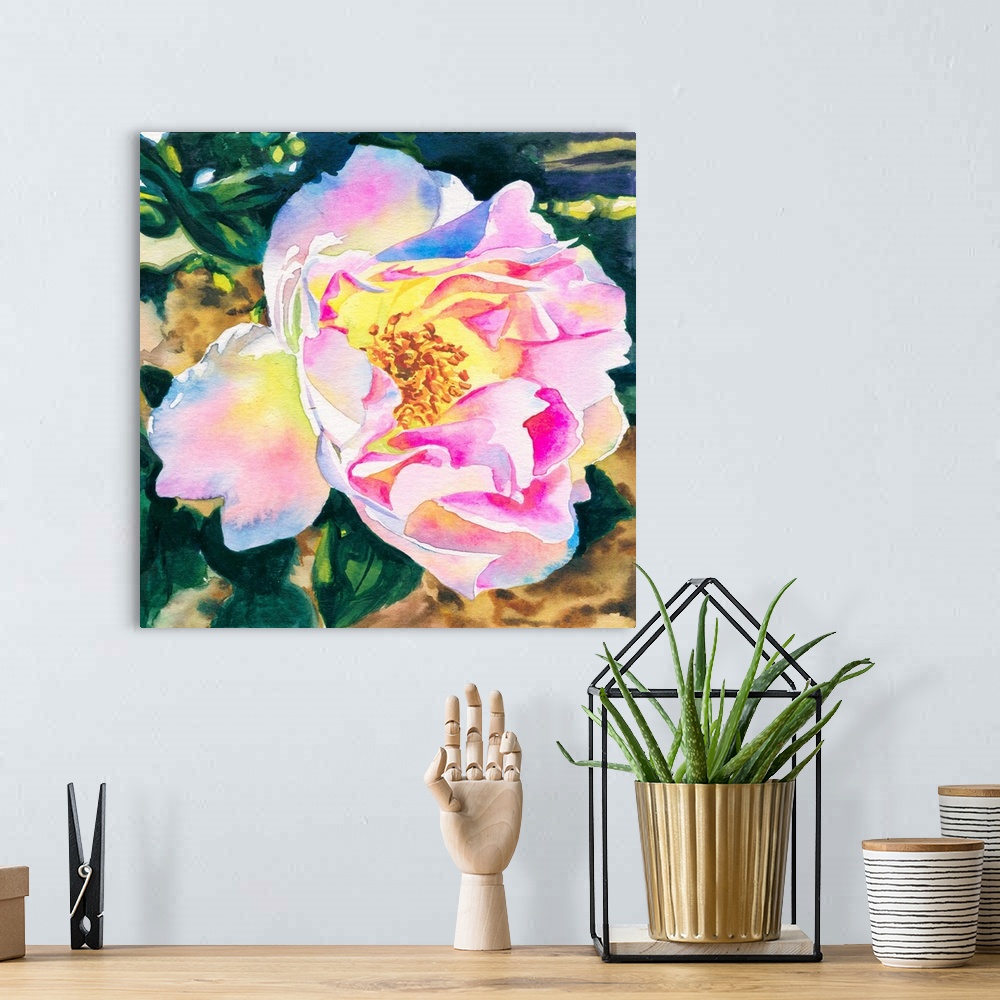 A bohemian room featuring Square watercolor painting of a White Rose with pink accents.