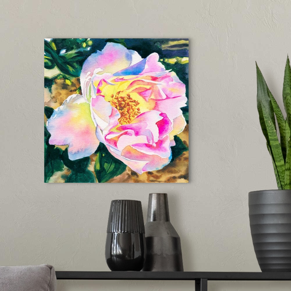 A modern room featuring Square watercolor painting of a White Rose with pink accents.
