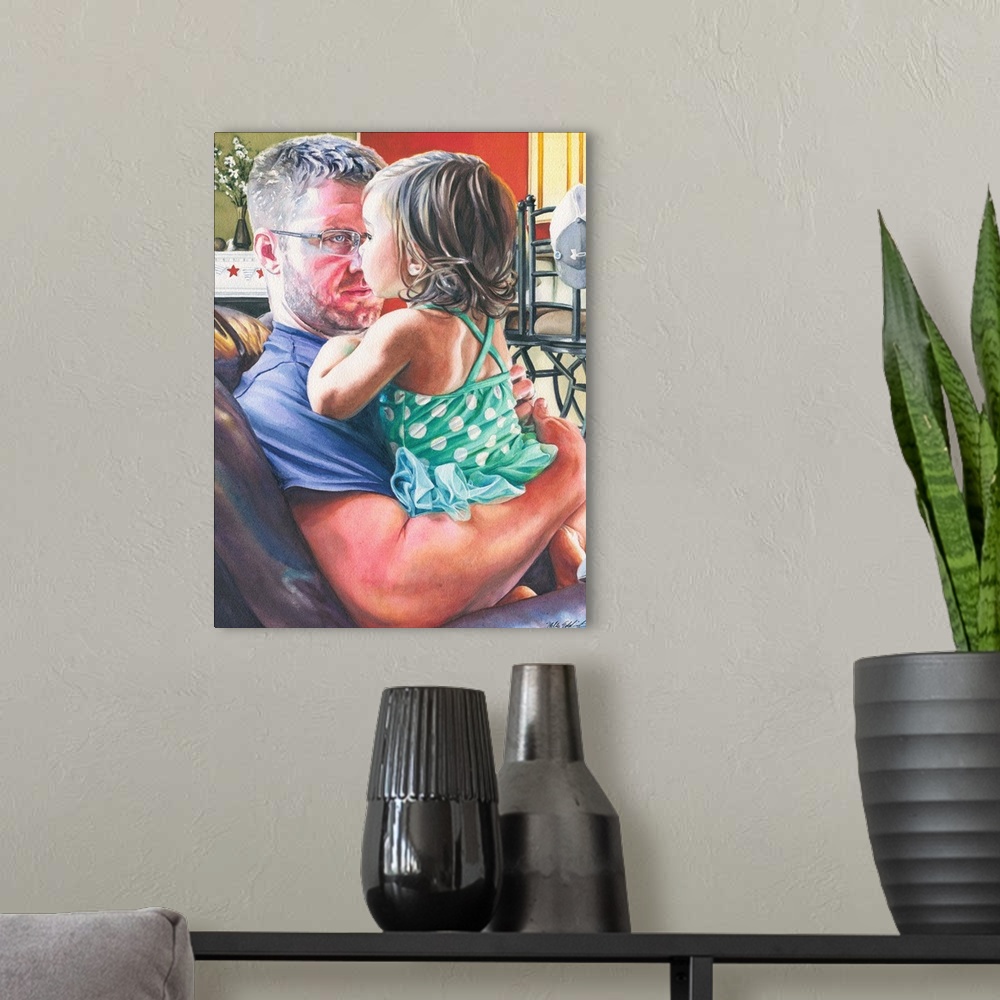 A modern room featuring A vertical watercolor painting of a father holding is daughter.