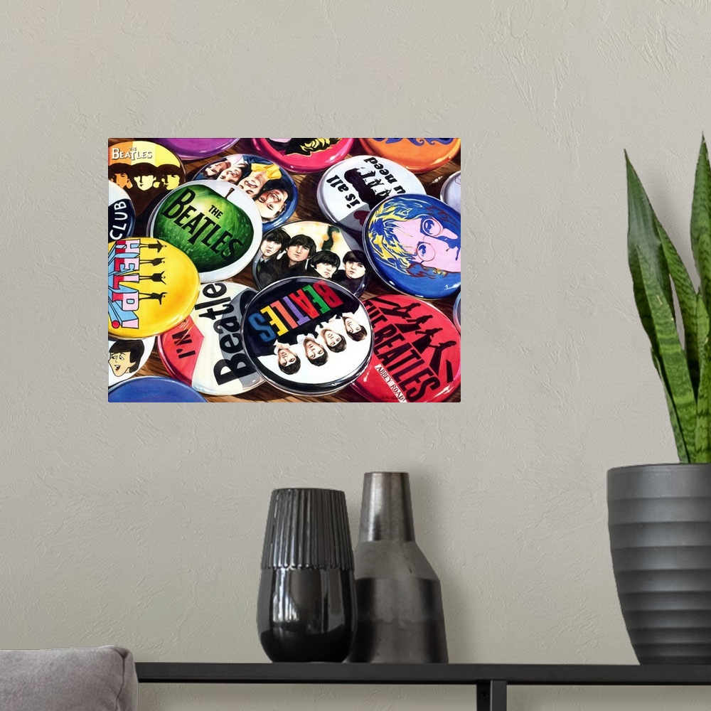 A modern room featuring Watercolor painting of a collection of Beatles pins/buttons/badges on a wooden table.