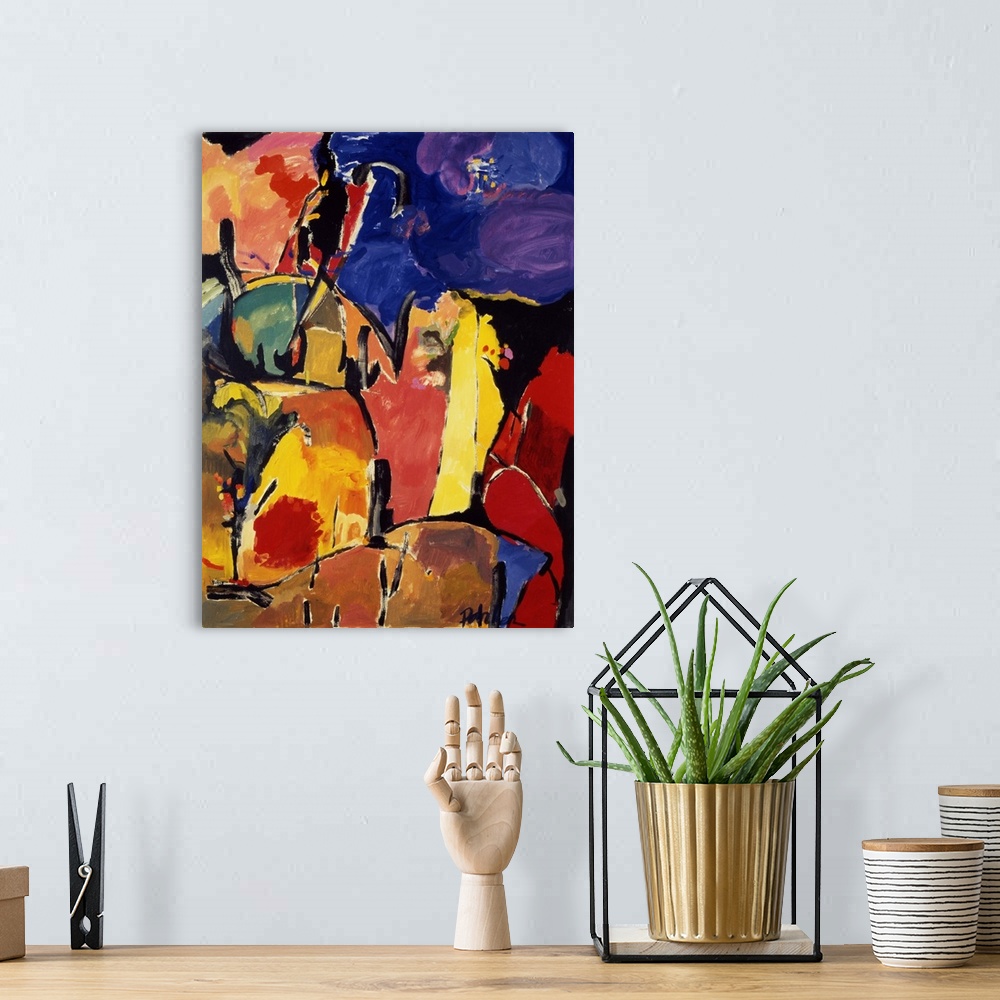 A bohemian room featuring An abstract painting of various rounded shapes outlined in black in warm, yellow, red and purple ...