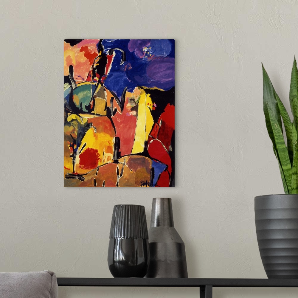 A modern room featuring An abstract painting of various rounded shapes outlined in black in warm, yellow, red and purple ...