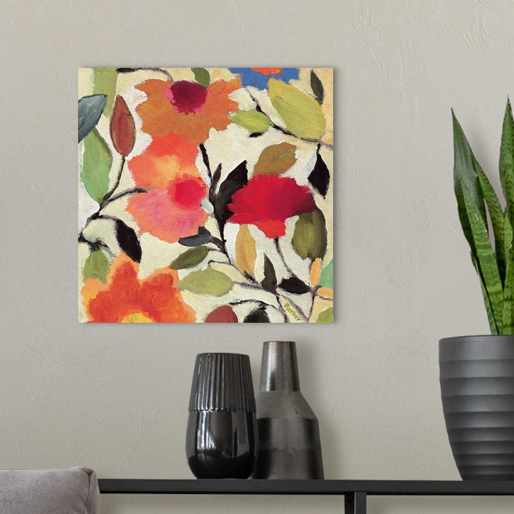 A modern room featuring A painting of begonias against a pale background in a soft style.