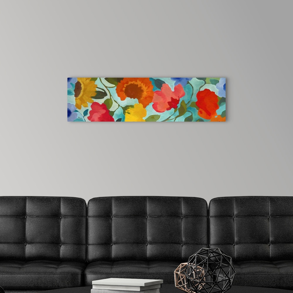 A modern room featuring Horizontal painting of bright, warm-colored flowers against a pale blue background; in a soft style.