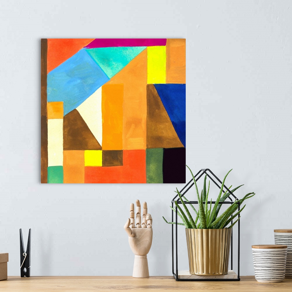 A bohemian room featuring Abstract painting of a variety of angular shapes in bright colors constructed together.
