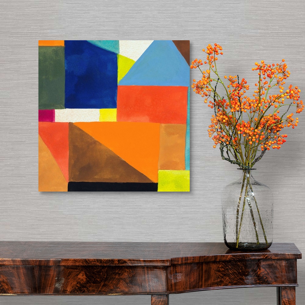 A traditional room featuring Abstract painting in bright colors (predominantly orange and blue) with angular, geometric shapes