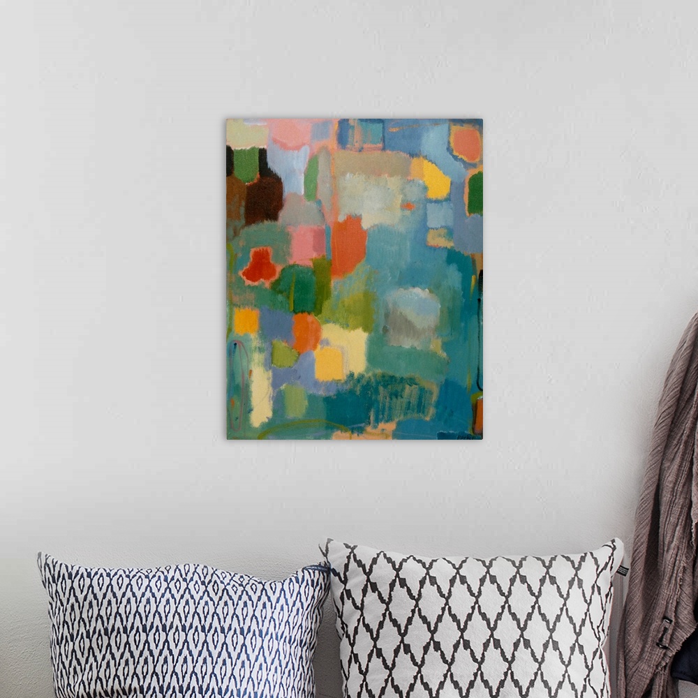 A bohemian room featuring Abstract painting of soft, rounded rectangular shapes in muted, spring-like colors