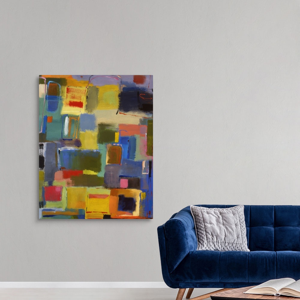 A modern room featuring Abstract painting of soft, rounded rectangular shapes in primary colors.