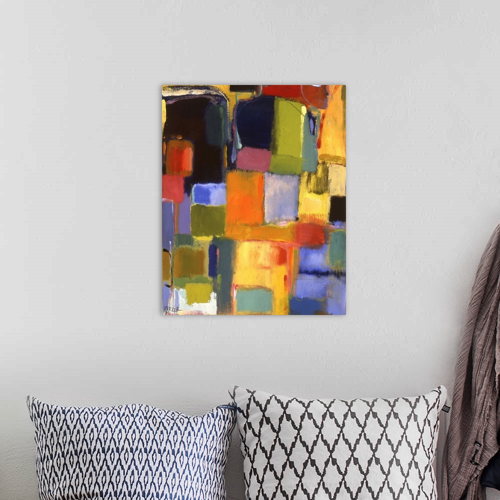 A bohemian room featuring Abstract painting of soft, rounded rectangular shapes in primary colors.