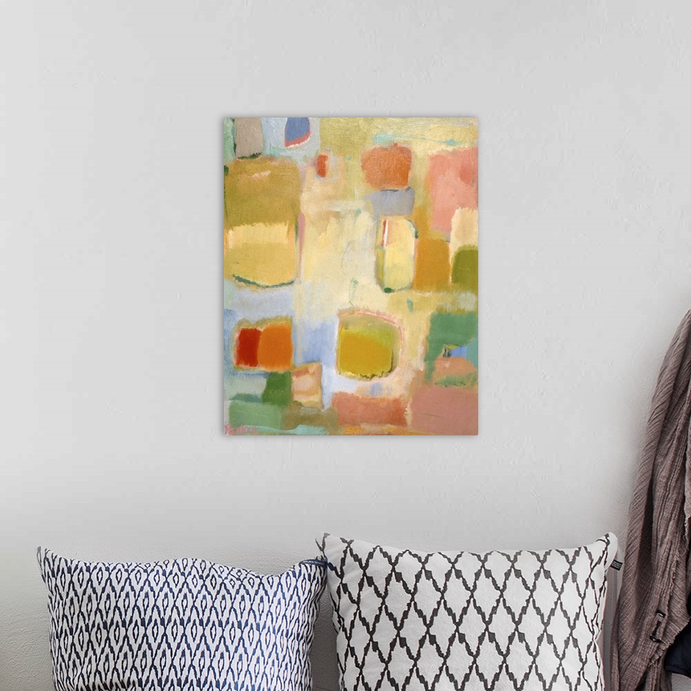 A bohemian room featuring Abstract painting of soft, rounded rectangular shapes in muted, spring-like colors