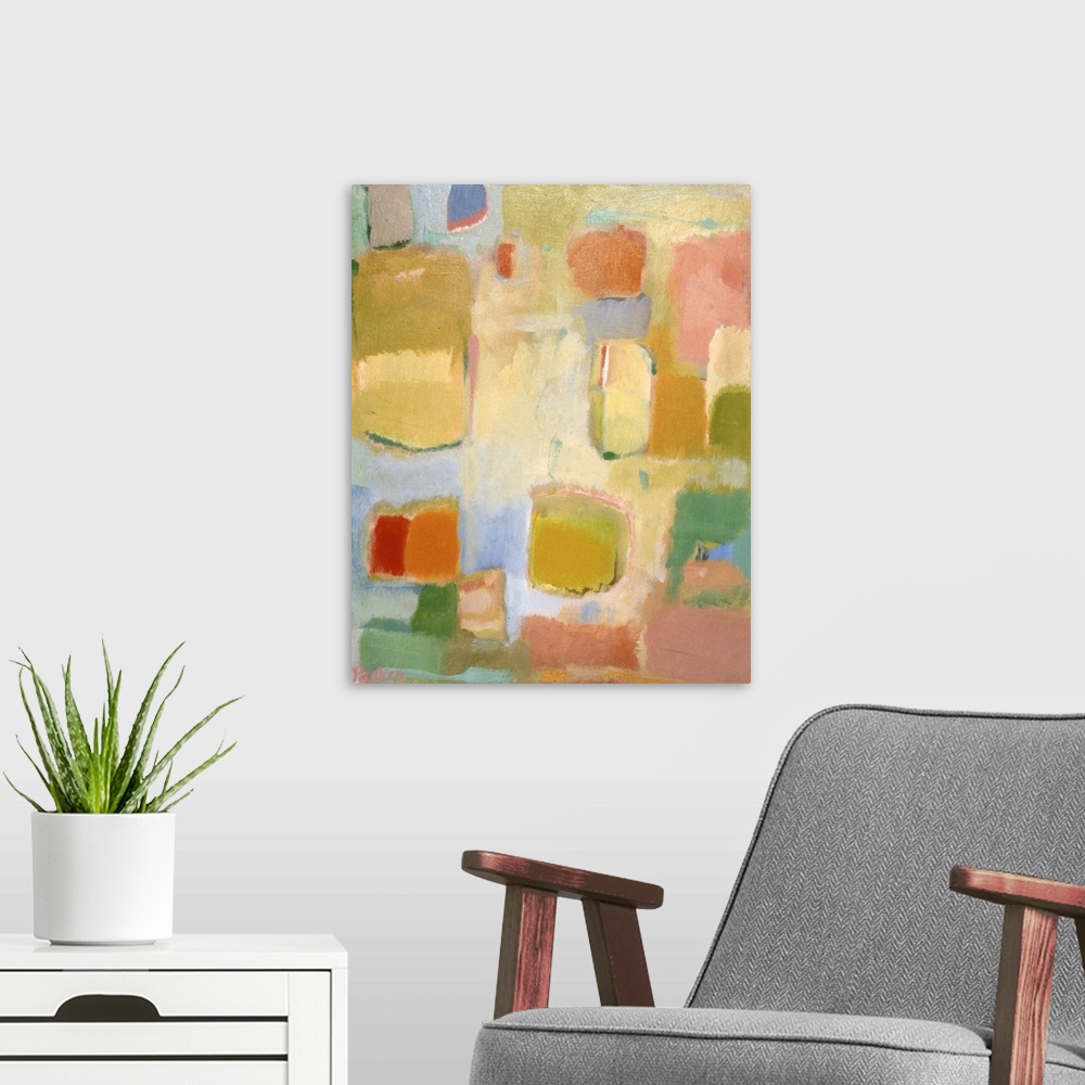 A modern room featuring Abstract painting of soft, rounded rectangular shapes in muted, spring-like colors