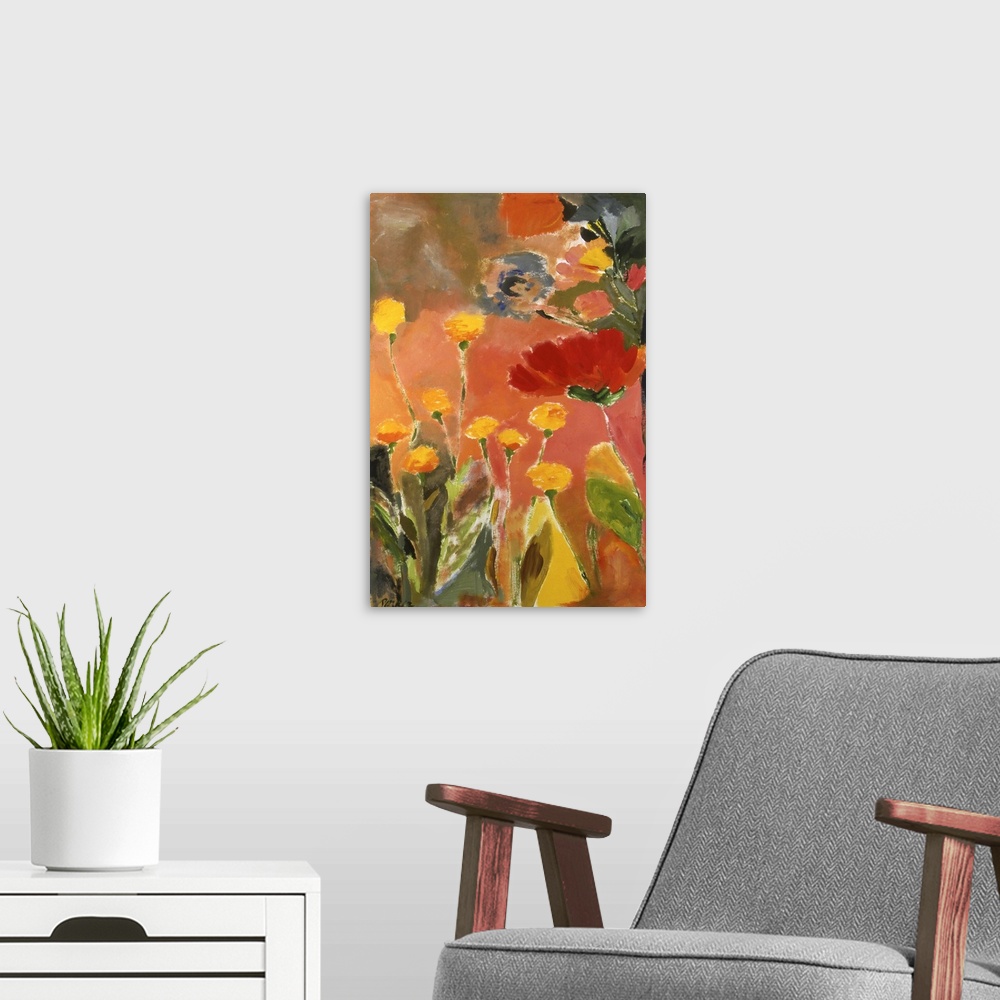 A modern room featuring Painting of large, softly-styled flowers in warm colors and green leaves against an orange backgr...