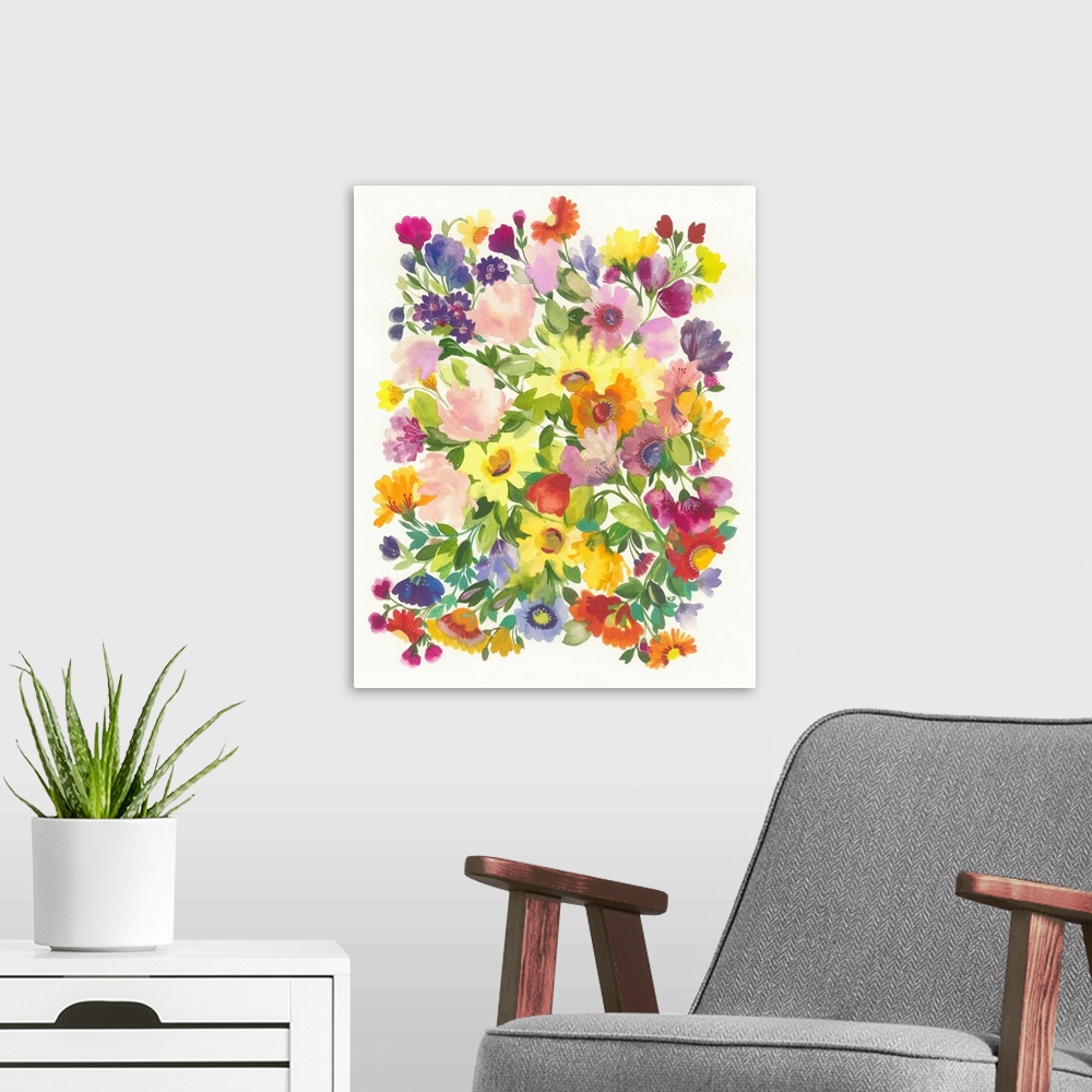 A modern room featuring A series of flowers in cool colors and leaves in a soft style against a light background.