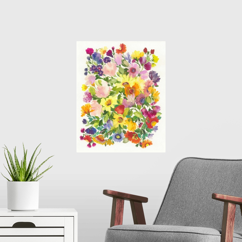 A modern room featuring A series of flowers in cool colors and leaves in a soft style against a light background.