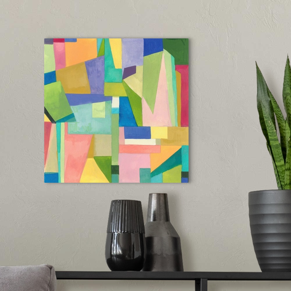 A modern room featuring One painting in a series of geometric abstracts in vibrant colors depicting the artist's interpre...