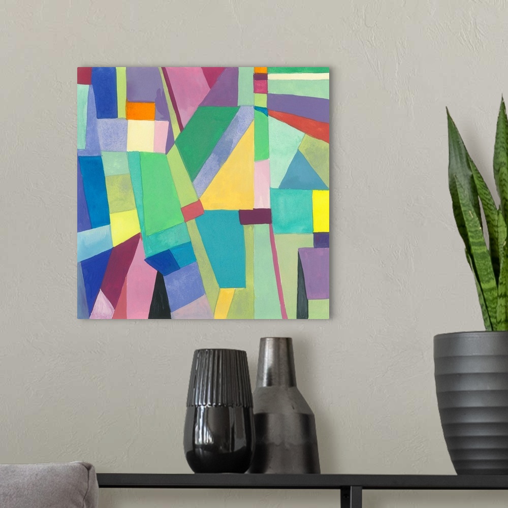 A modern room featuring One painting in a series of geometric abstracts in vibrant colors depicting the artist's interpre...