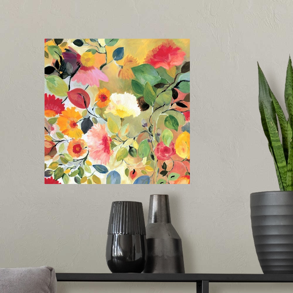A modern room featuring A series of flowers and leaves in warm colors and a soft style against a light background.