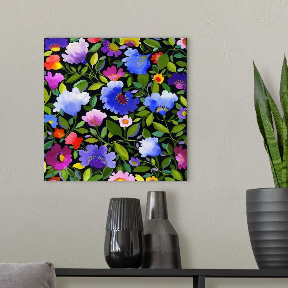 A modern room featuring Painting of warm-colored flowers and green leaves against a black background.