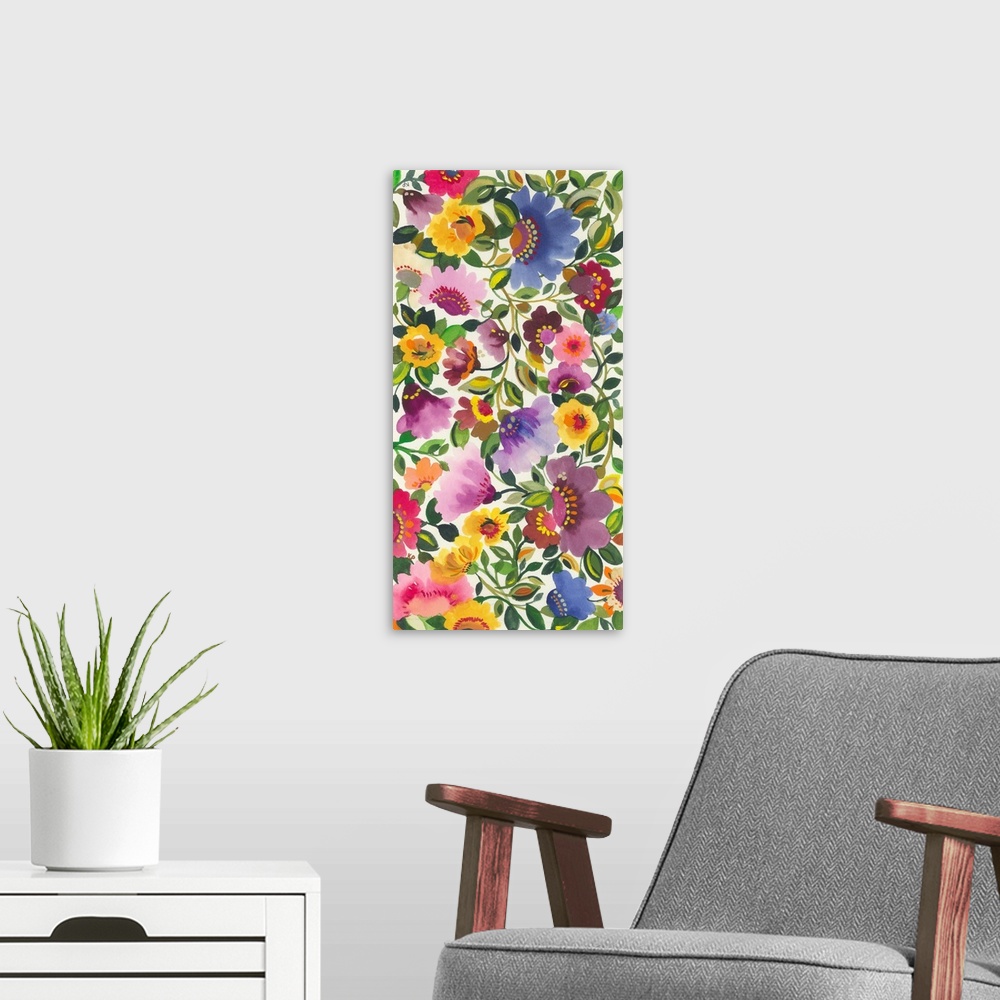 A modern room featuring A series of flowers and leaves in cool colors and a soft style against a pale background.