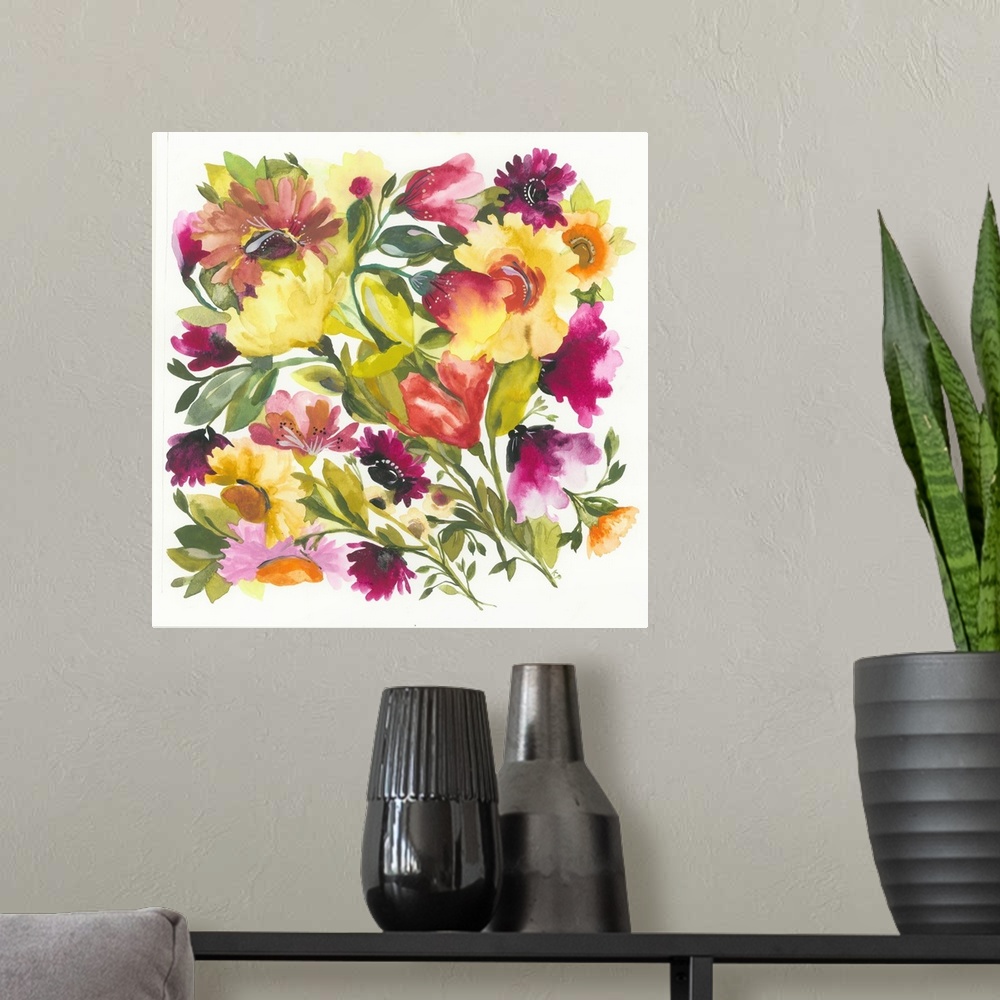 A modern room featuring A series of flowers and leaves in warm colors and a soft style against a white background.