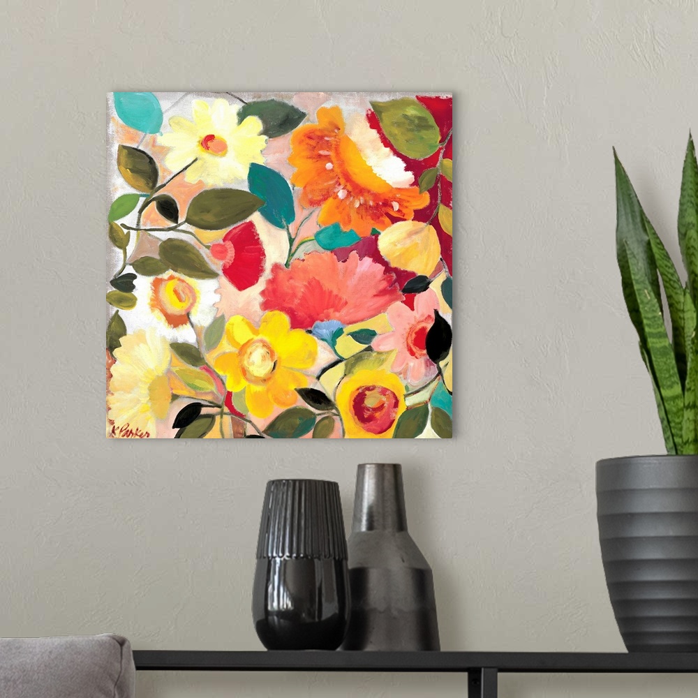 A modern room featuring A series of flowers and leaves in warm colors and a soft style against a light background.