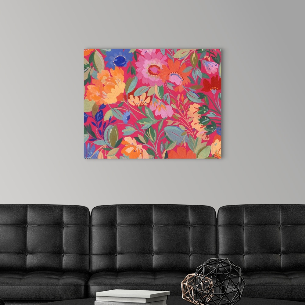 A modern room featuring Painting of warm-colored flowers and green leaves against a red background.