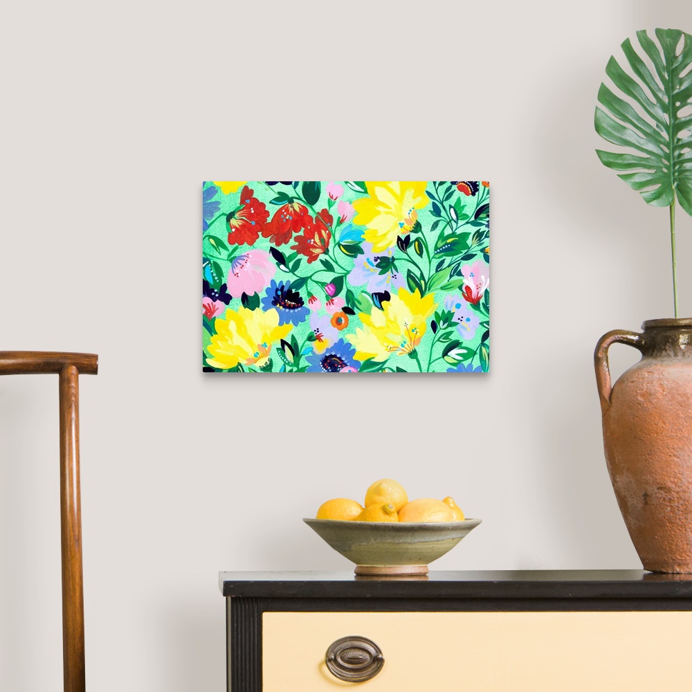 A traditional room featuring Painting of warm-colored flowers and green leaves against a green background.