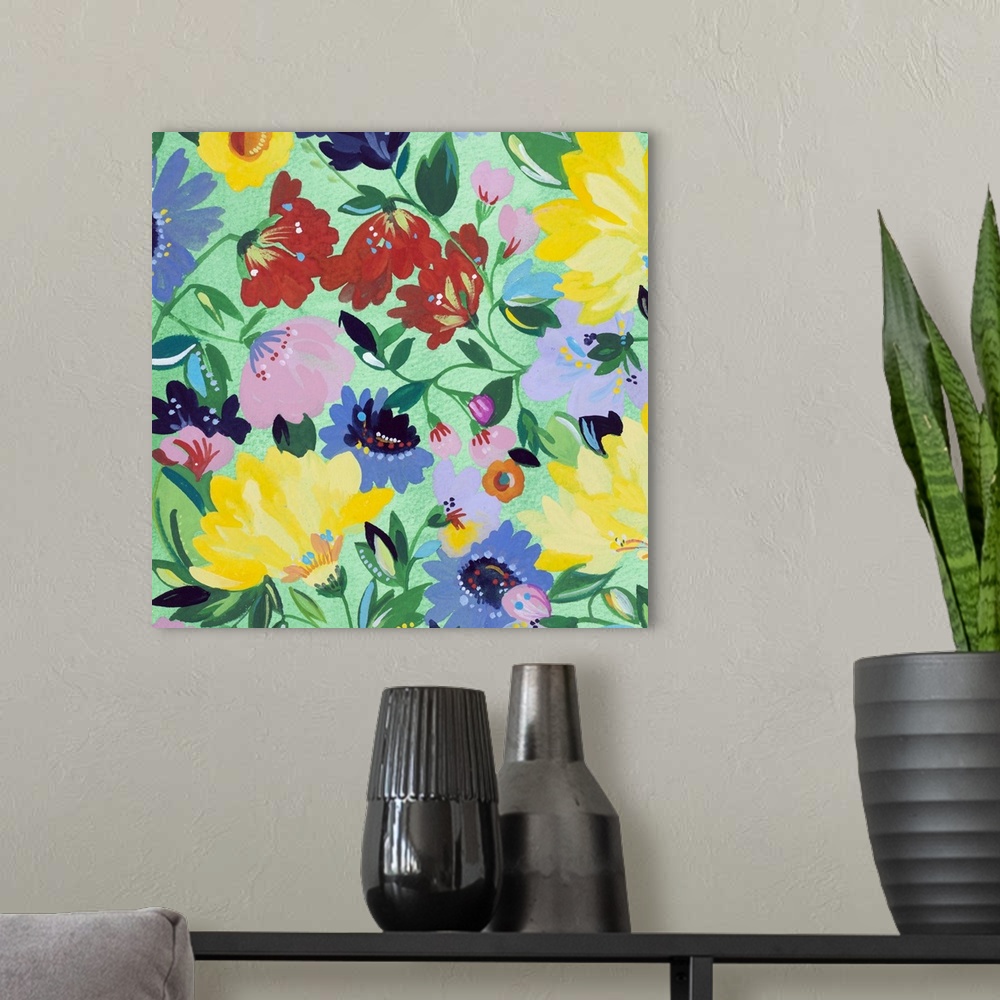 A modern room featuring Painting of warm-colored flowers and green leaves against a green background.