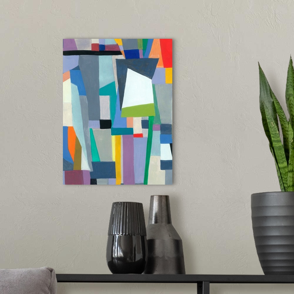 A modern room featuring One painting in a series of geometric abstracts with mostly cool colors depicting the artist's in...