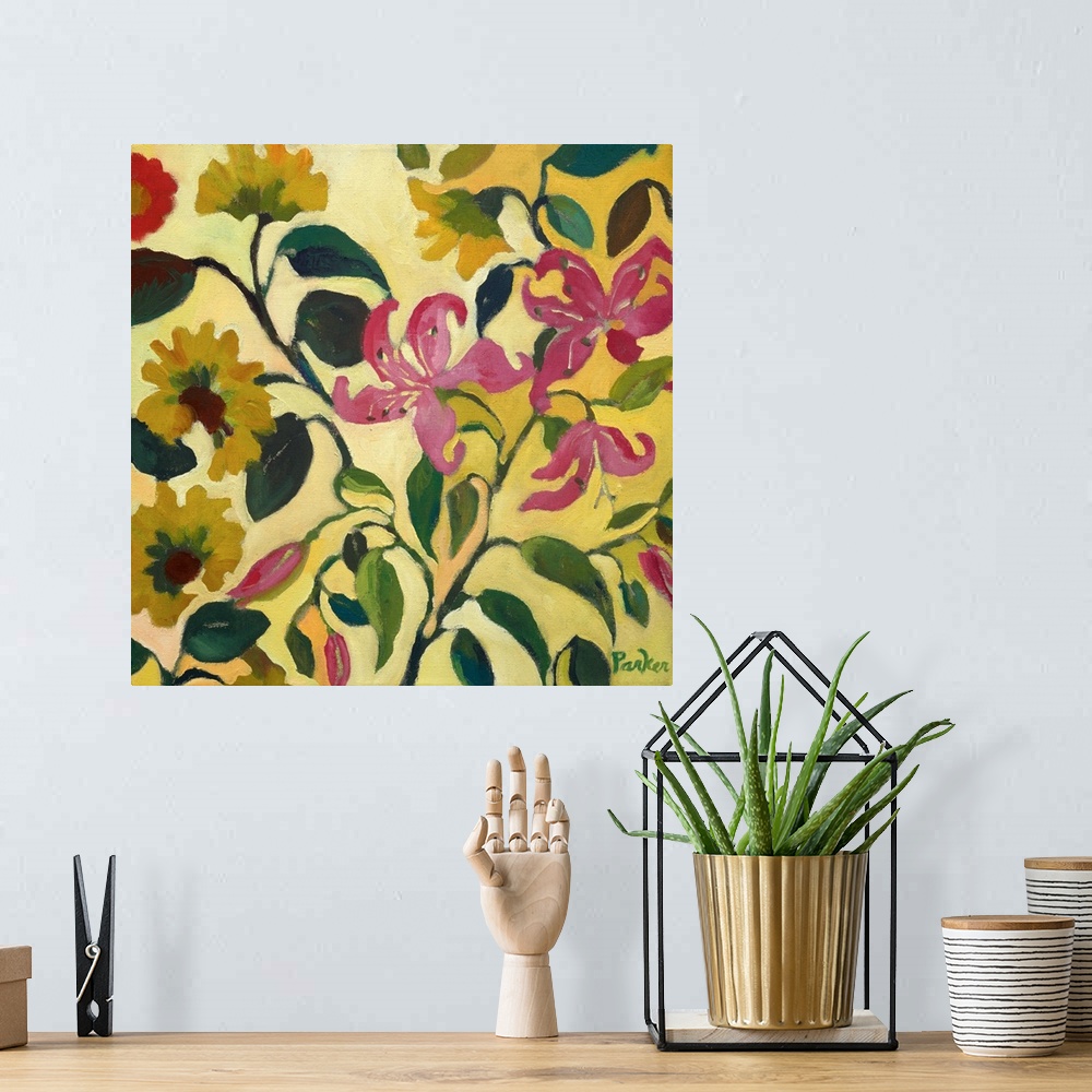 A bohemian room featuring Pink lilies and gold flowers in a soft style against a yellow background.