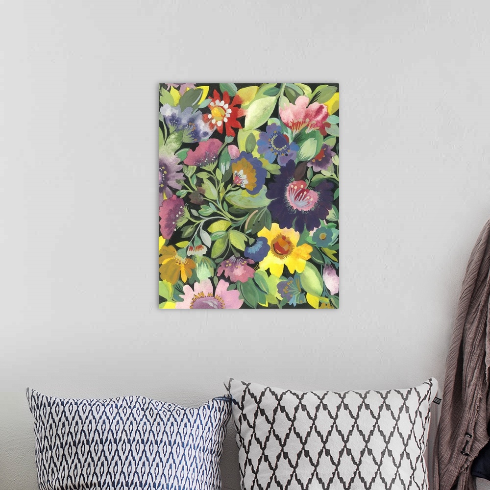 A bohemian room featuring Painting of color-colored flowers and green leaves against a black background.