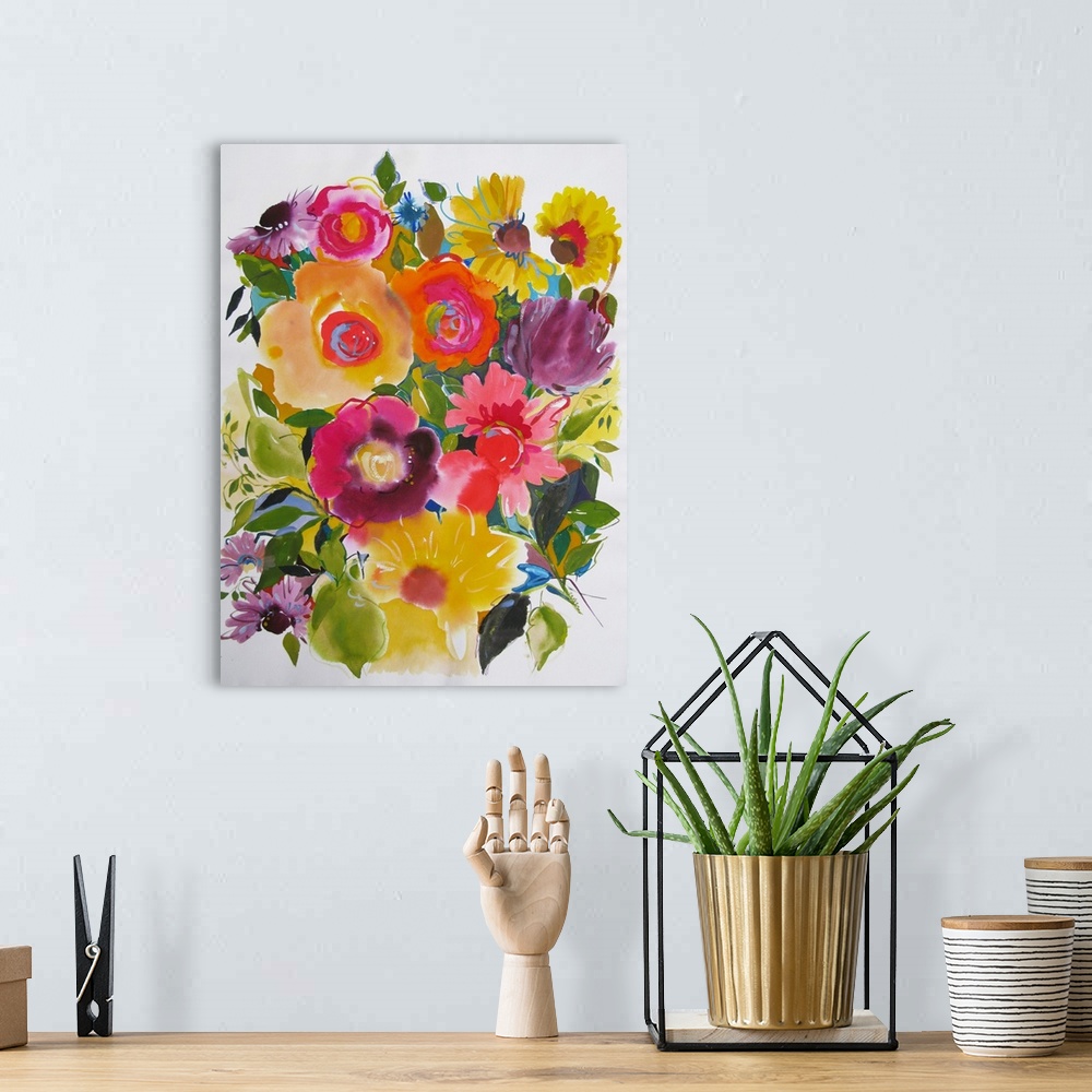 A bohemian room featuring A series of purple zinnias and yellow flowers in a softly painted style against a light background.
