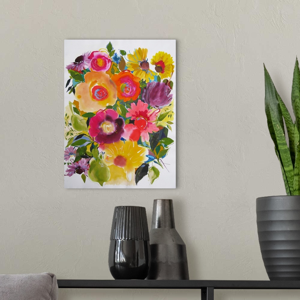 A modern room featuring A series of purple zinnias and yellow flowers in a softly painted style against a light background.