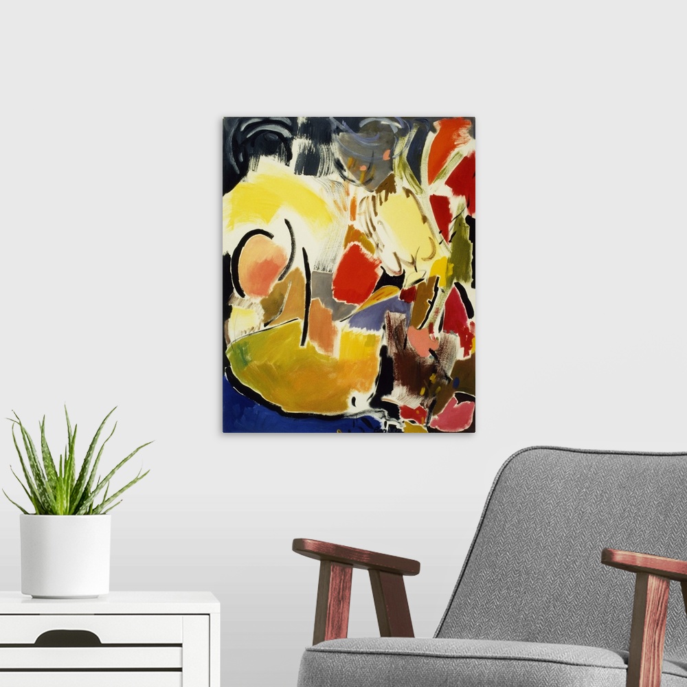 A modern room featuring An abstract painting of various rounded shapes outlined in white in warm, yellow, red and purple ...
