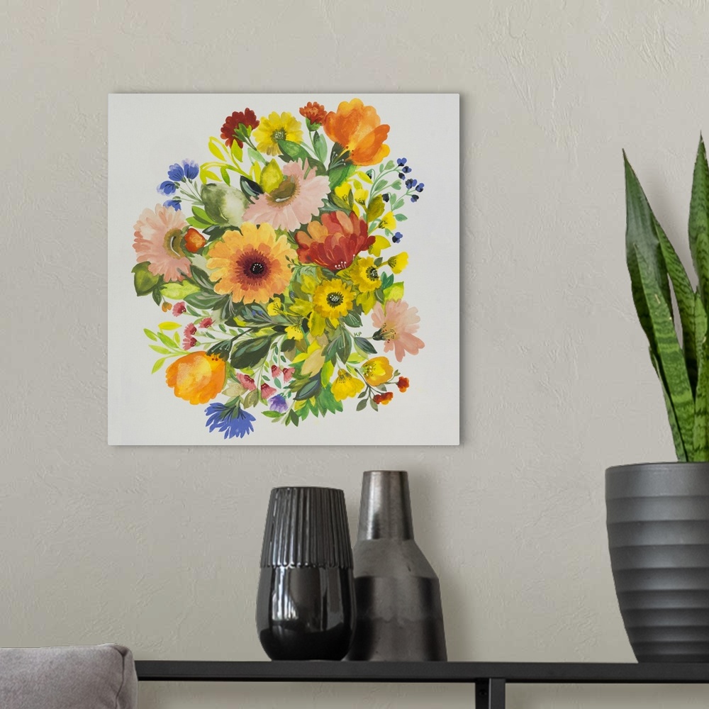 A modern room featuring A series of flowers in warm colors and leaves in a soft style against a light background.