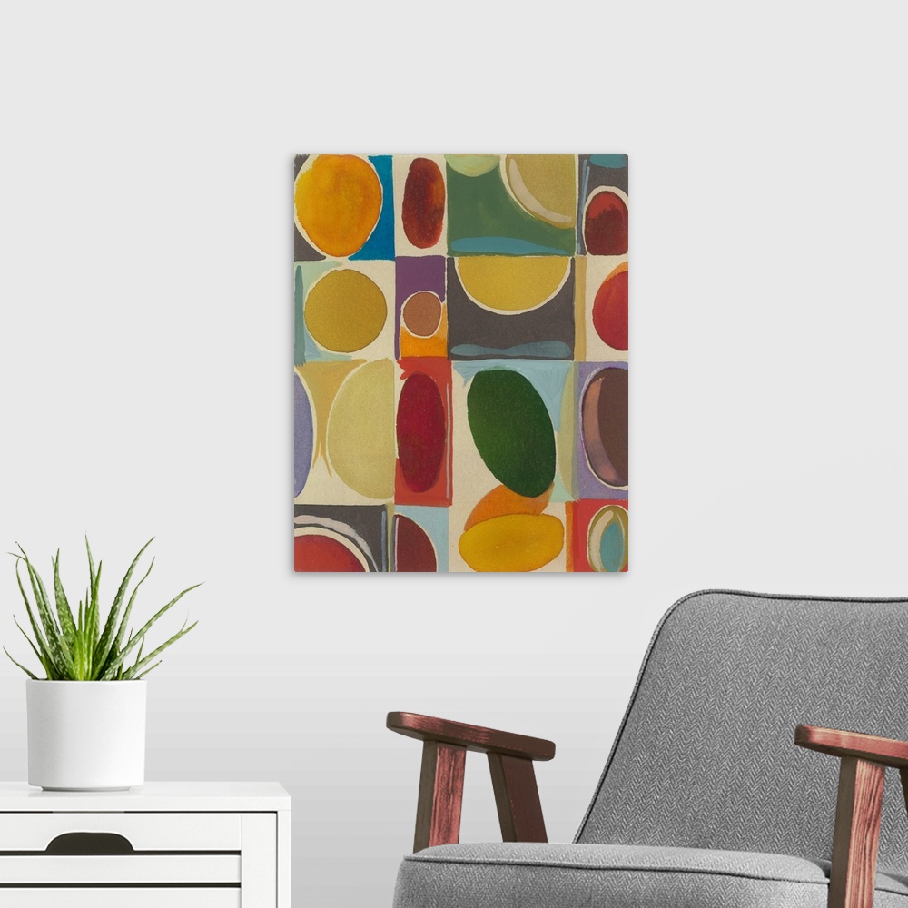 A modern room featuring Painting of oval shapes in various hues and sizes over blocks of color.