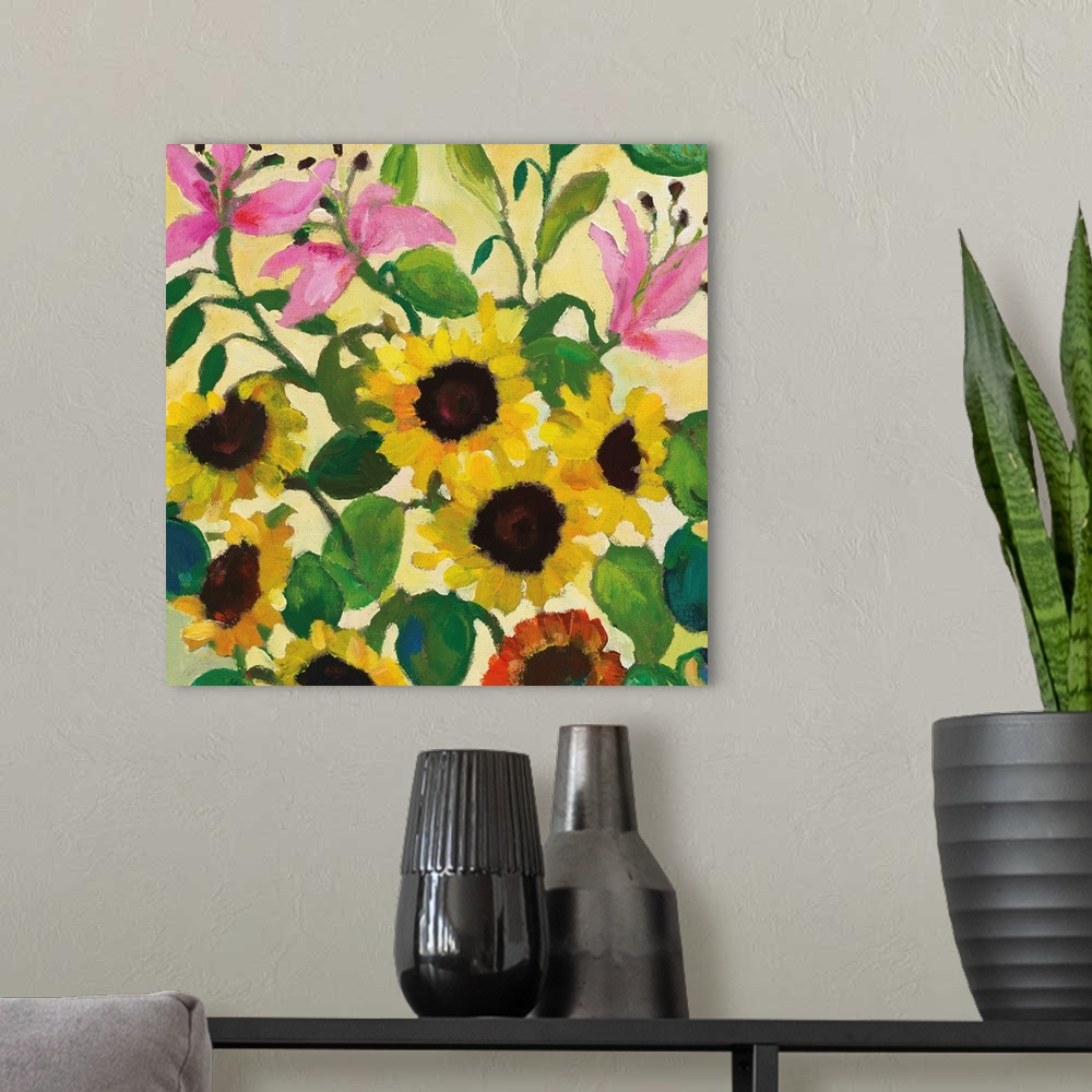 A modern room featuring A series of pink lilies and yellow sunflowers in a softly painted style against a pale yellow bac...