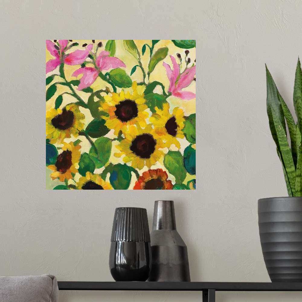 A modern room featuring A series of pink lilies and yellow sunflowers in a softly painted style against a pale yellow bac...