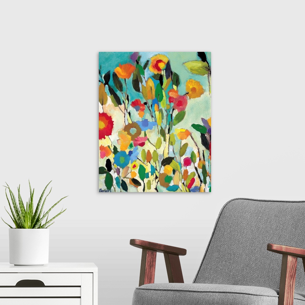 A modern room featuring A series of flowers and leaves in warm colors and a soft style against a blue background.