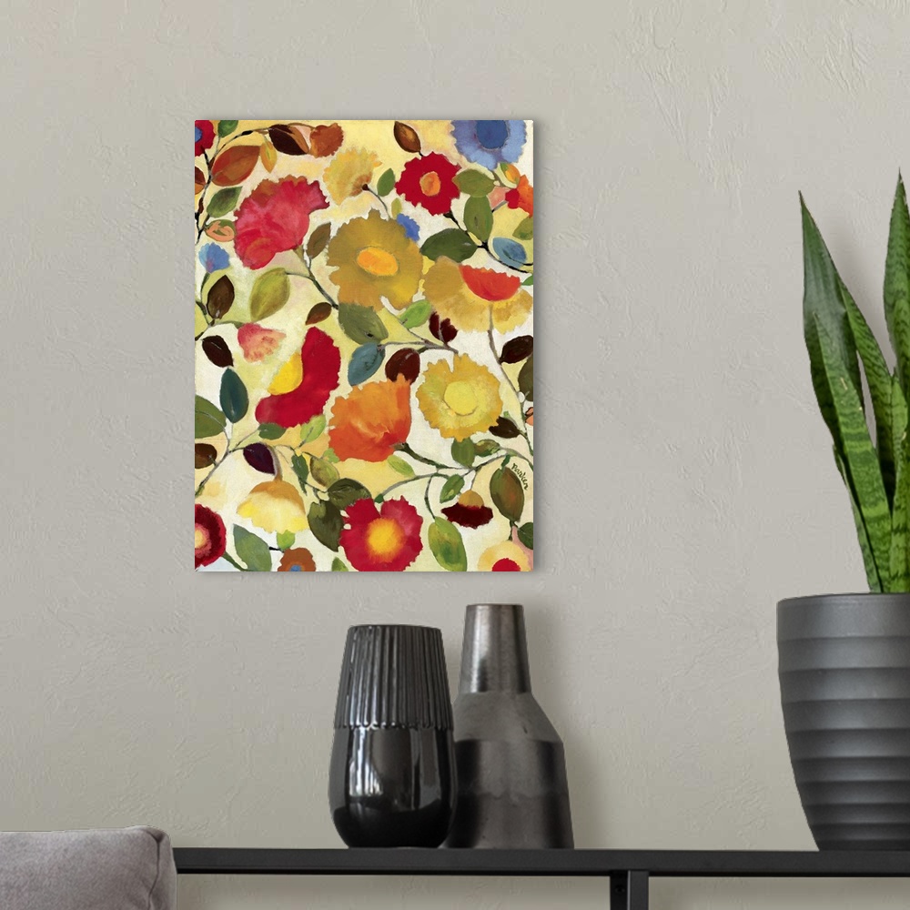 A modern room featuring A series of flowers and leaves in warm colors and a soft style against a pale yellow background.