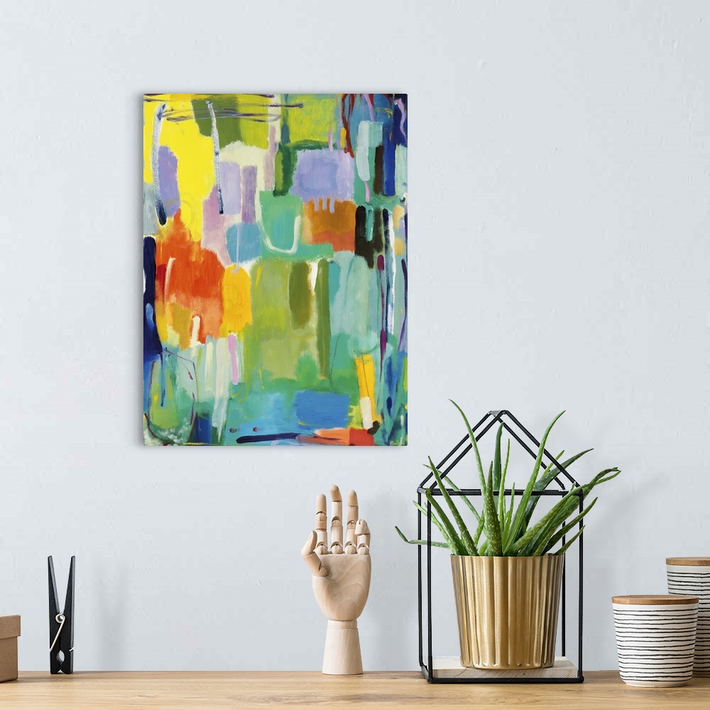 A bohemian room featuring Abstract painting of soft, rounded rectangular shapes in bright, spring-like colors