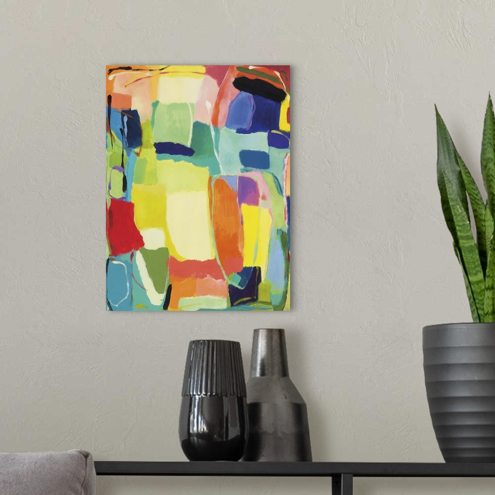 A modern room featuring Abstract painting of soft, rounded rectangular shapes in bright, spring-like colors