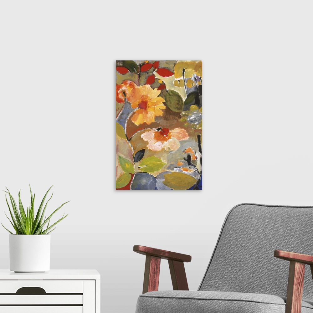 A modern room featuring Painting of large, softly-styled flowers in warm colors and green leaves against a brown background.