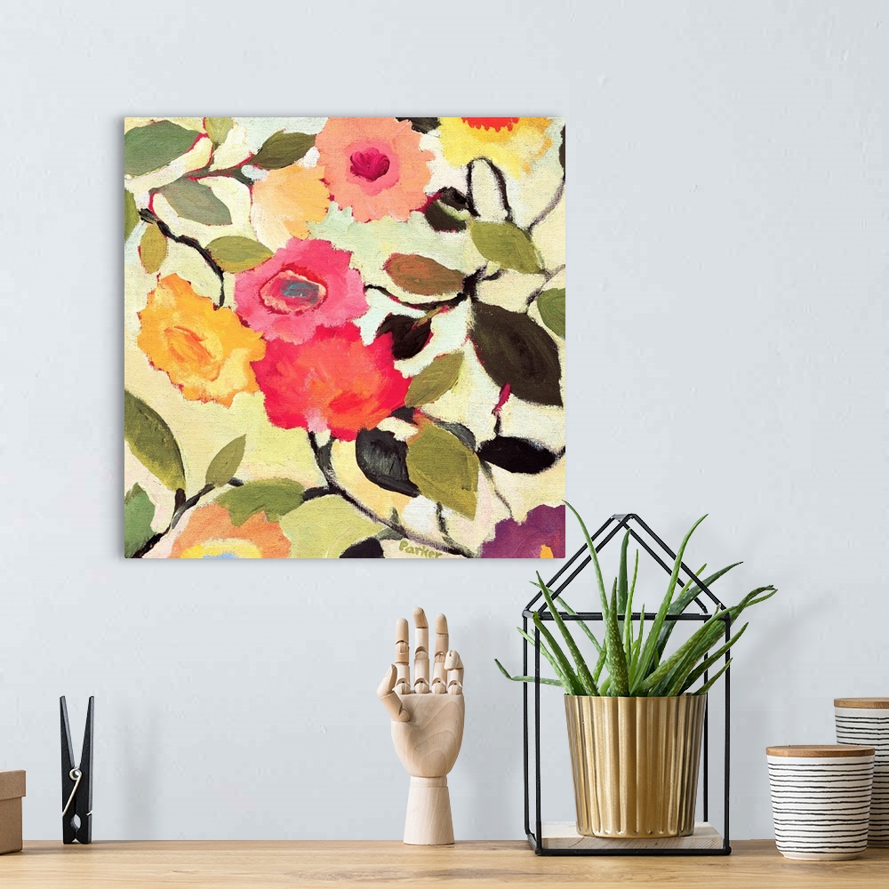 A bohemian room featuring A painting of wild roses against a pale background in a soft style.