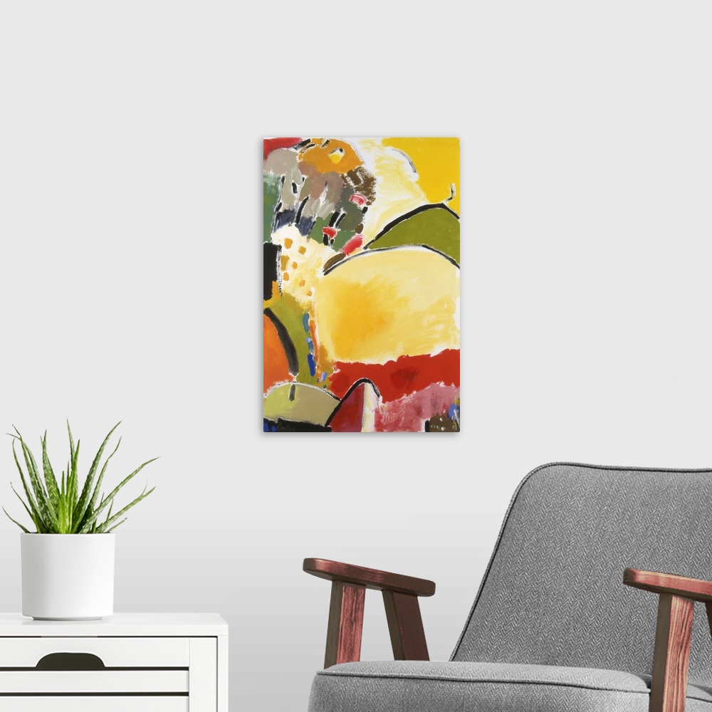 A modern room featuring An abstract painting of various brush strokes in warm, yellow red and green tones.