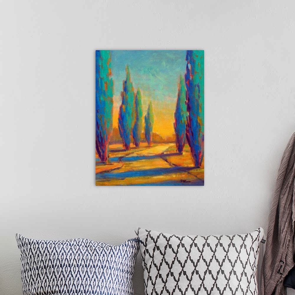 A bohemian room featuring A contemporary painting of a small country road framed by cypress trees in the afternoon.