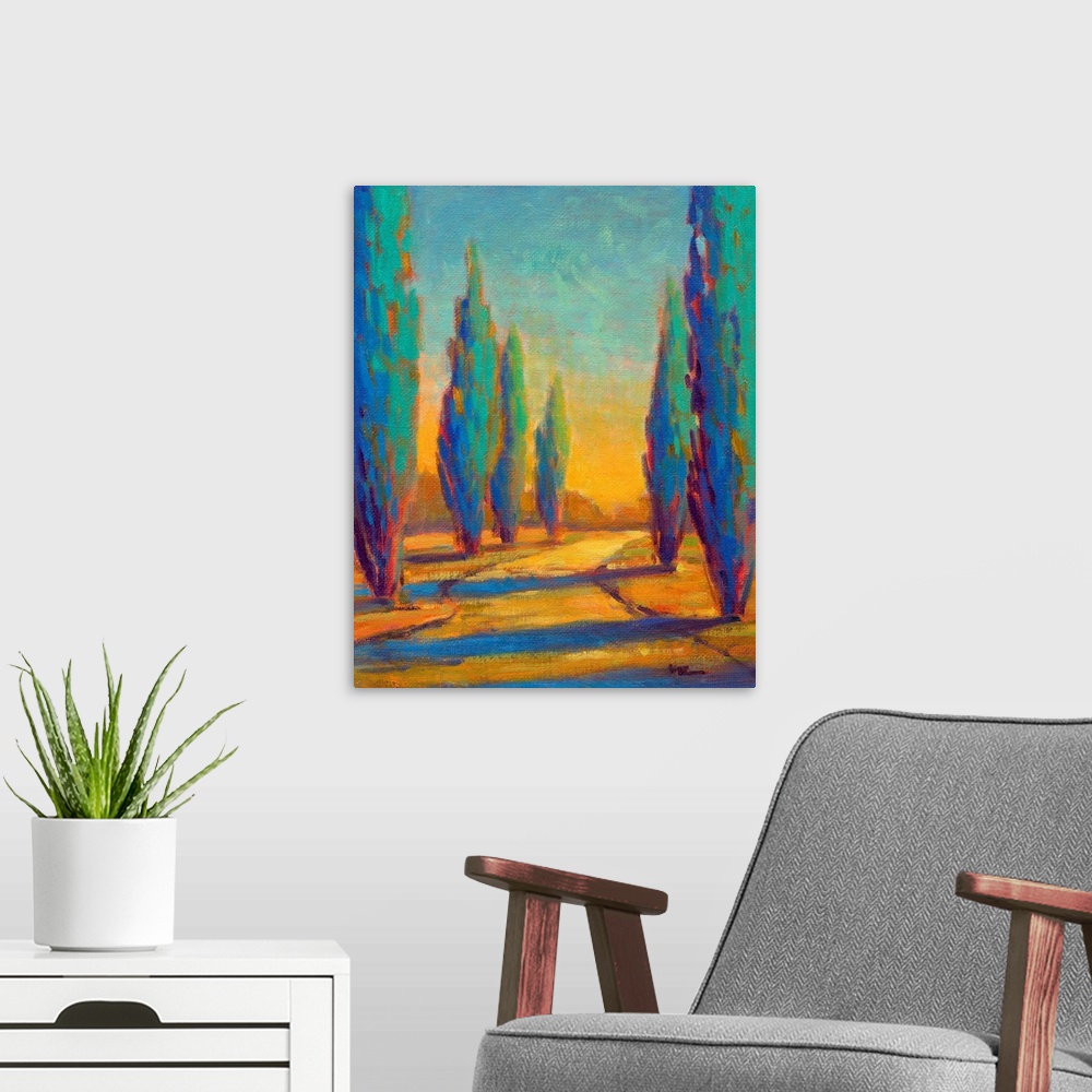 A modern room featuring A contemporary painting of a small country road framed by cypress trees in the afternoon.