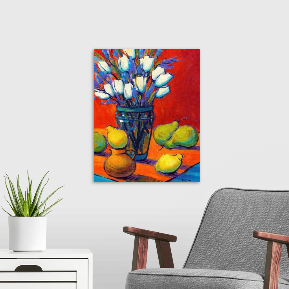A modern room featuring A vertical contemporary painting of a glass vase of eloquent flowers and pears.